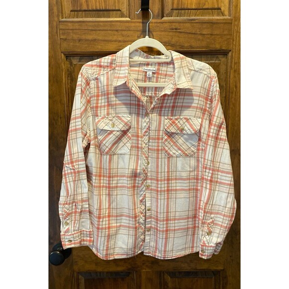 Croft & Barrow Flannel Shirt Plus Size XL Button Down Plaid Cream Orange Collar - Picture 2 of 11